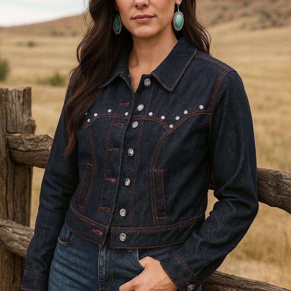 Unique Vintage Dark Denim rhinestone Western Boxy Crop Jacket XS